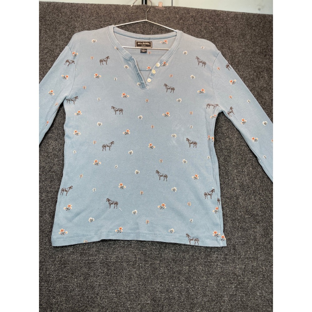 Bit & Bridle Henley Top Womens L Blue Horse Floral Print Ribbed Knit Western